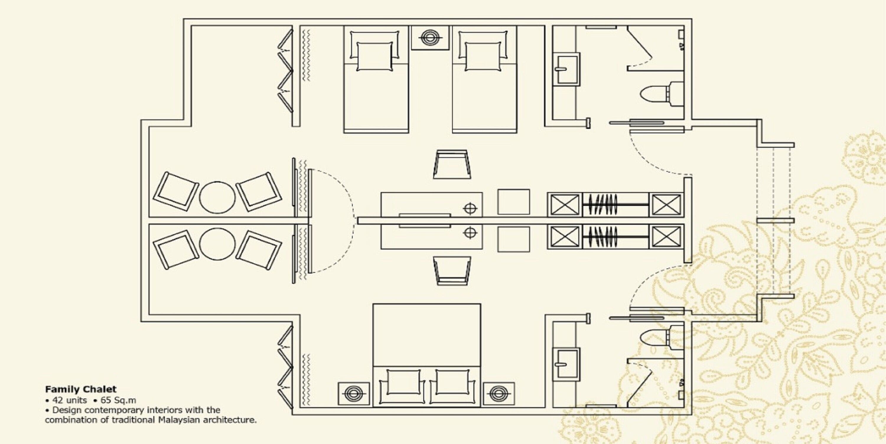 Plano de planta de un chalet familiar con 42 unidades, 65 metros cuadrados, con interiores contemporáneos y arquitectura malaya tradicional.
