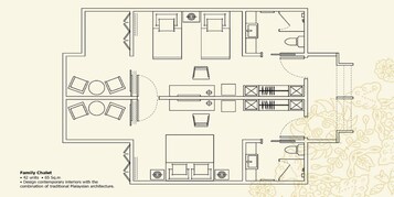 Plano de planta de un chalet familiar con 42 unidades, 65 metros cuadrados, con interiores contemporáneos y arquitectura malaya tradicional.