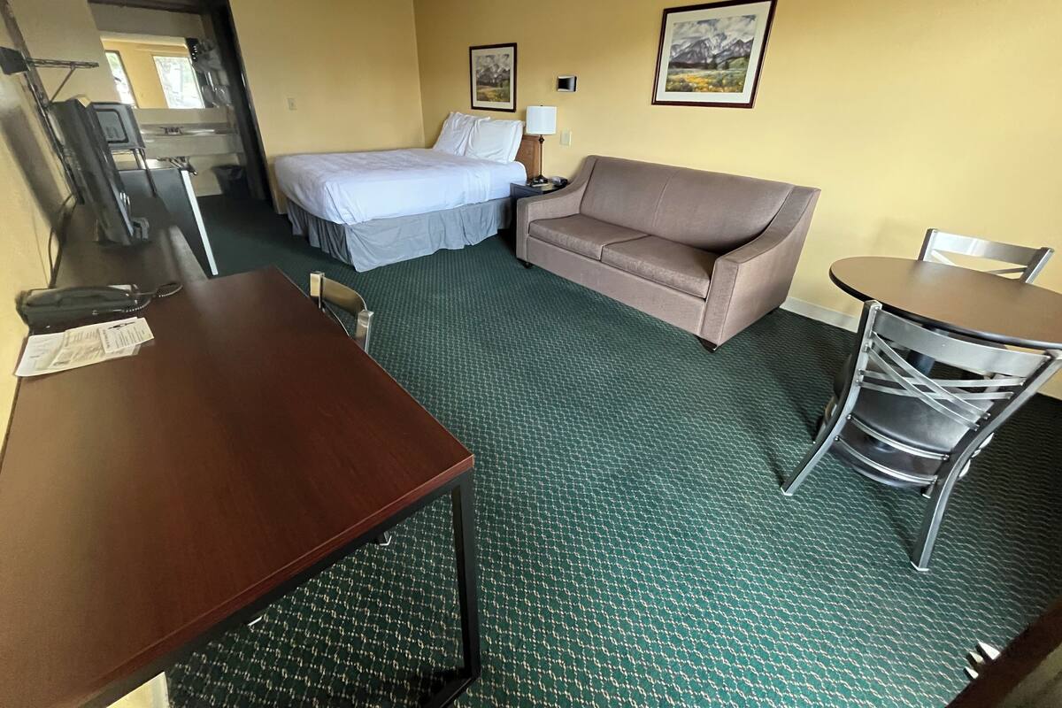 A hotel room with a bed, a sofa, a desk, and a chair.