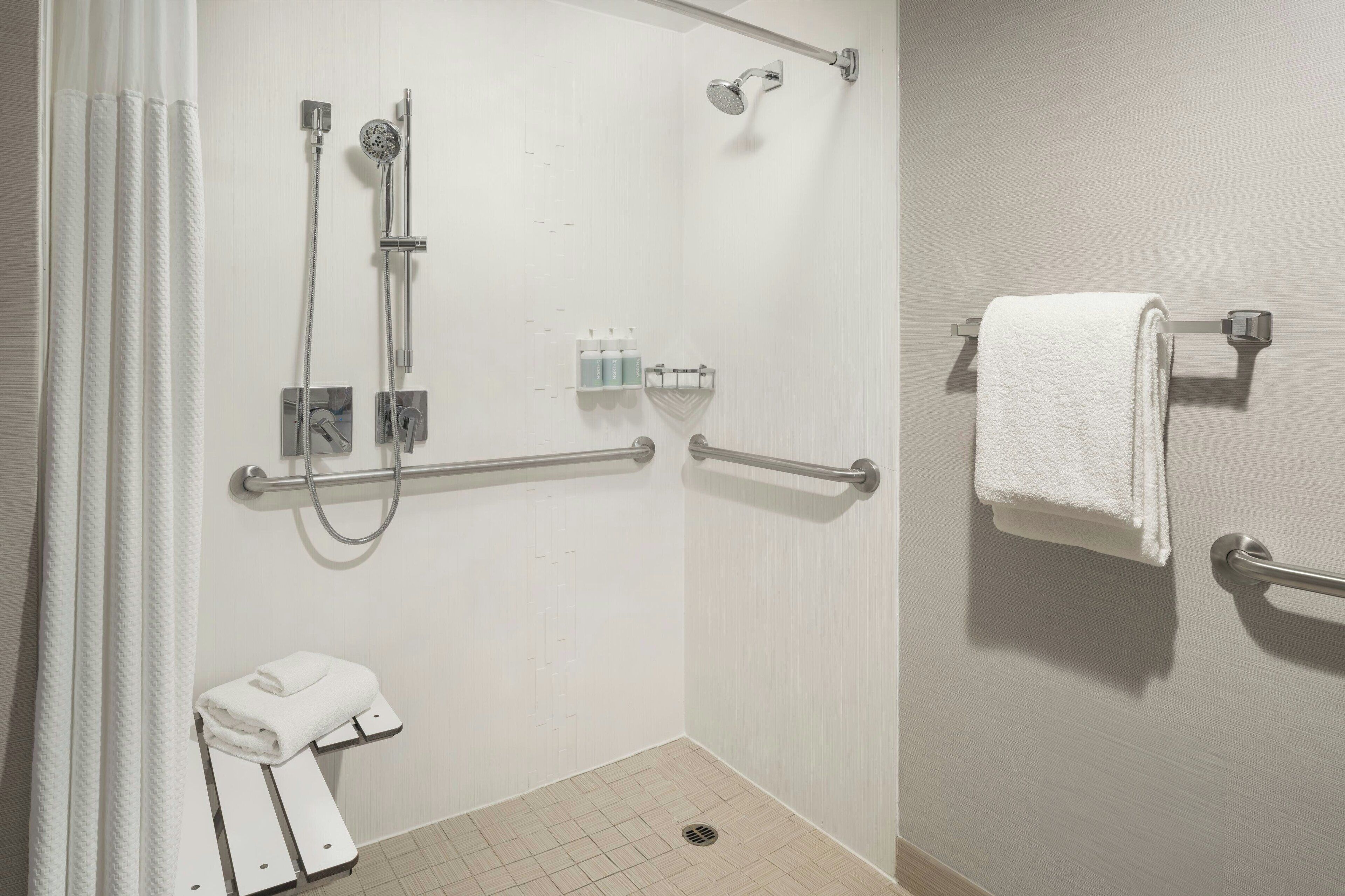 Shower, free toiletries, hair dryer, towels