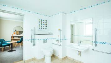 Combined shower/tub, deep soaking tub, free toiletries, hair dryer