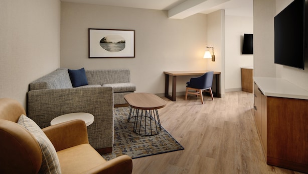 A modern living room with a sofa, armchairs, a coffee table, a dining table, and a flat-screen TV.