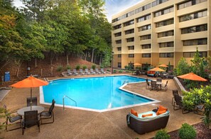 Seasonal outdoor pool, pool umbrellas, sun loungers