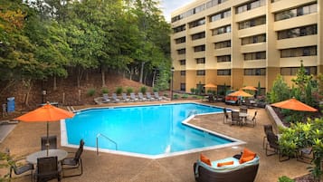Seasonal outdoor pool, pool umbrellas, sun loungers