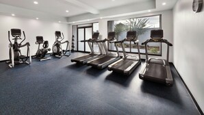 A gym with treadmills, elliptical machines, and a large window with a view of trees.