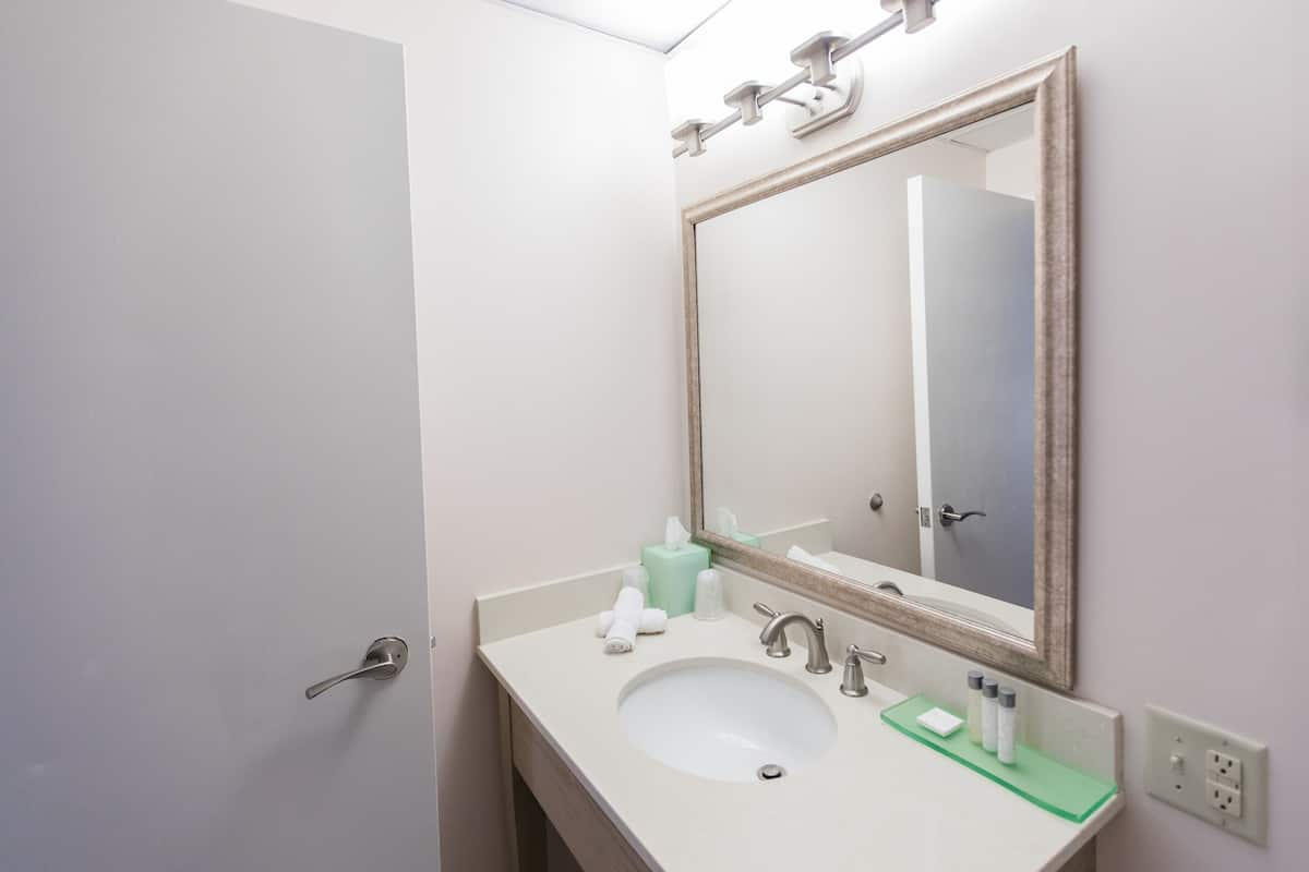 Combined shower/bathtub, free toiletries, hair dryer, towels