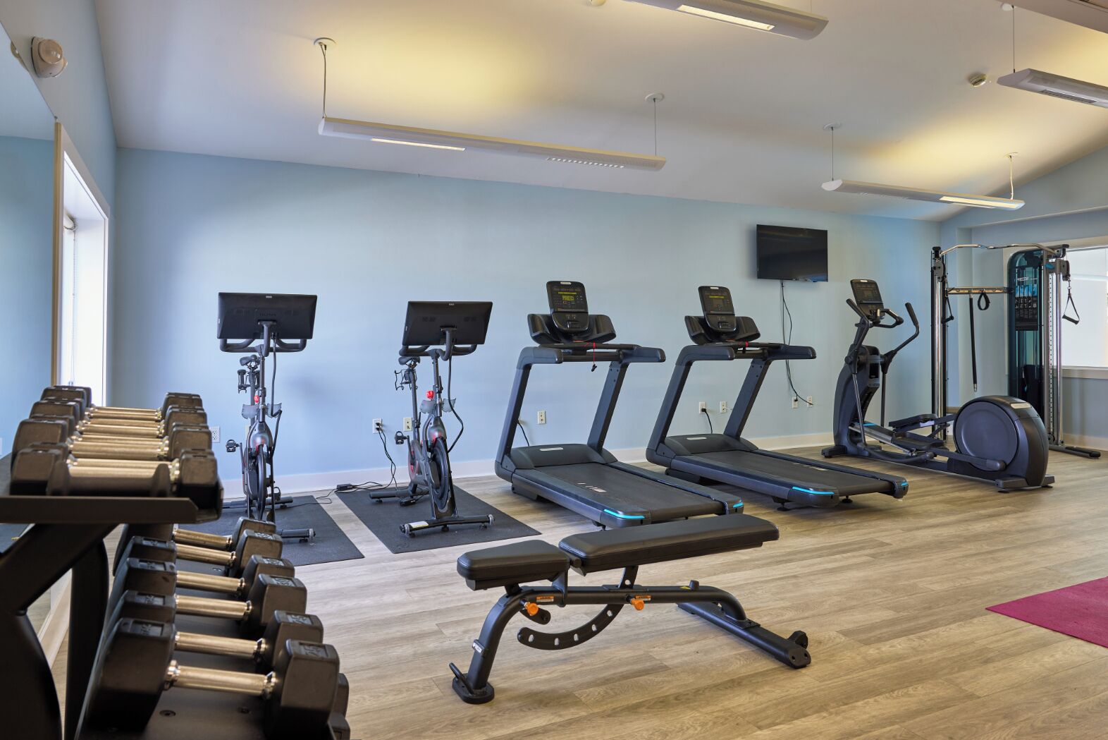 Een sportschool met loopbanden, elliptische trainers en een zone voor bankdrukken.