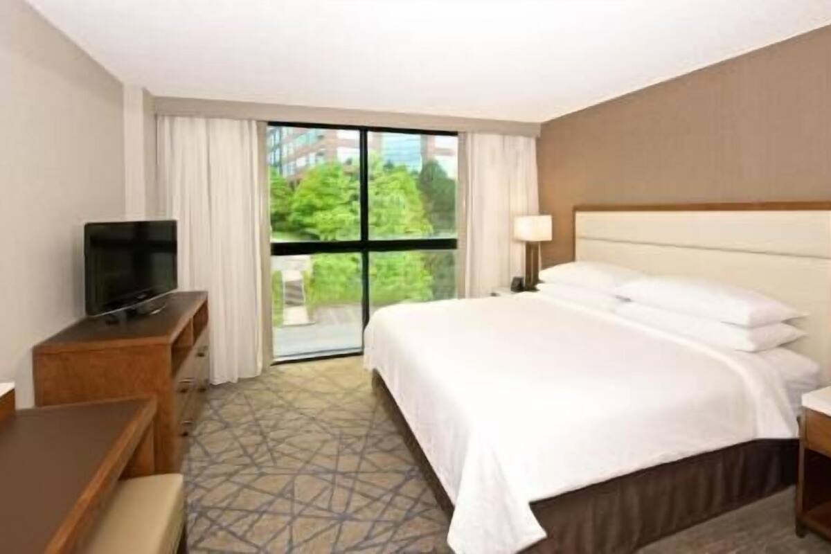 Een hotelkamer met een bed, een televisie op een houten dressoir, een bureau en uitzicht op groen door het raam.
