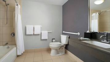 Room, 2 Double Beds | Bathroom | Combined shower/tub, free toiletries, hair dryer, towels