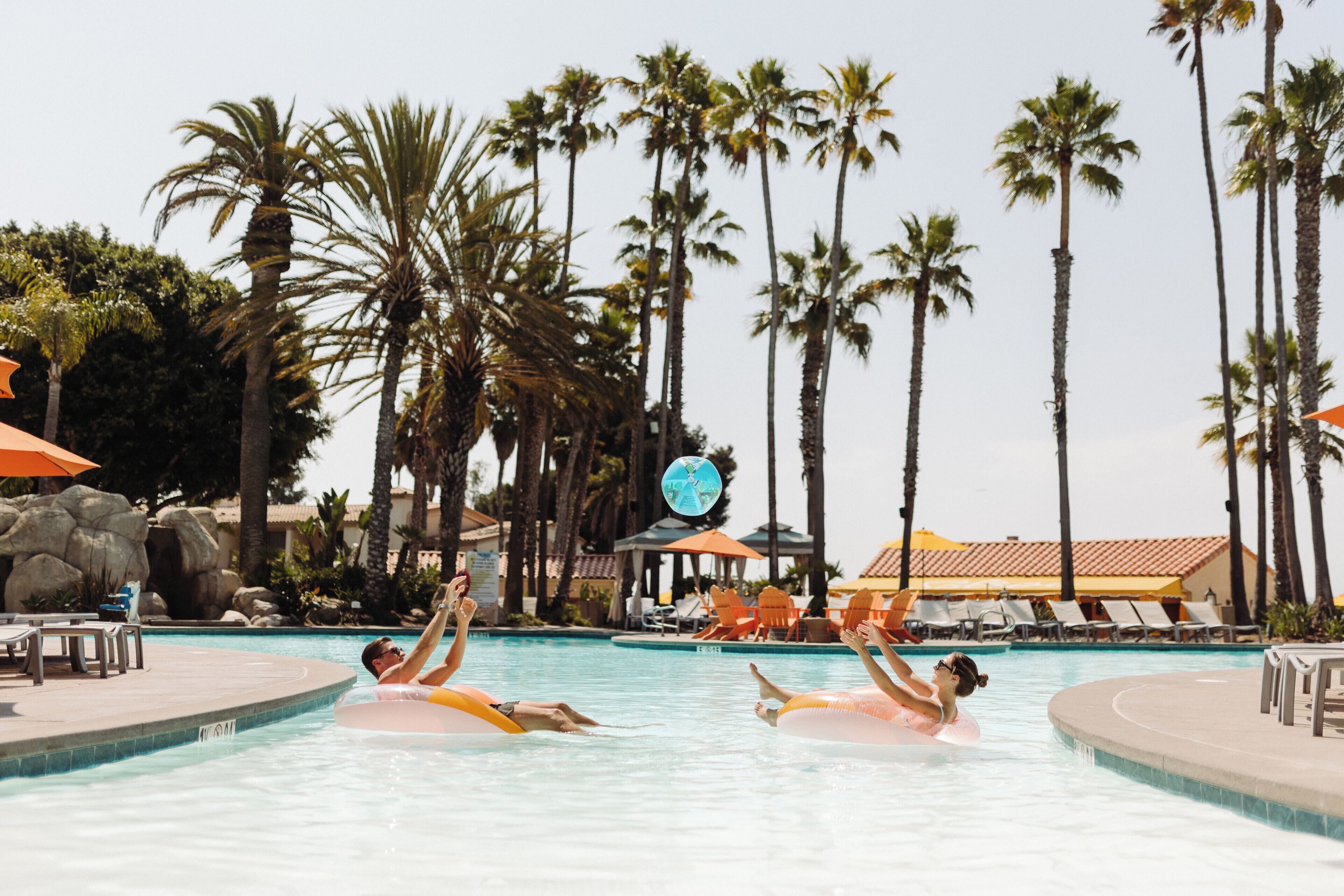 Une piscine bordée de palmiers, avec des chaises longues et un jacuzzi.