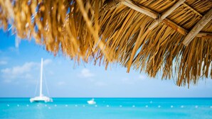 Escena de playa con una estructura de techo de paja, un velero y agua turquesa cristalina.