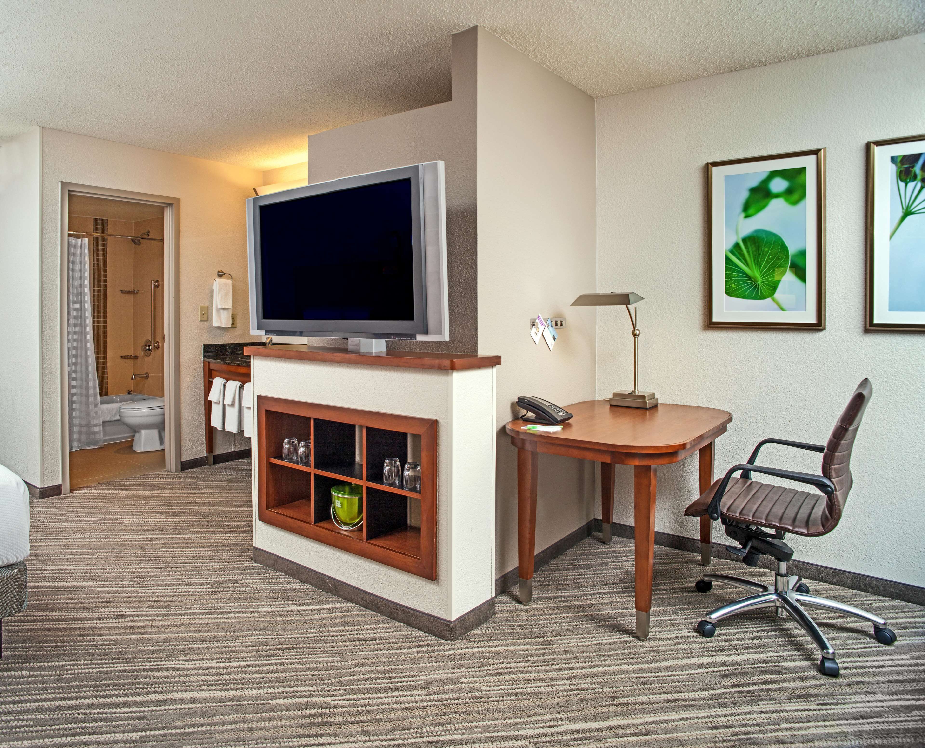Habitación de hotel con televisión, escritorio con lámpara, silla, baño con ducha y estante con adornos.