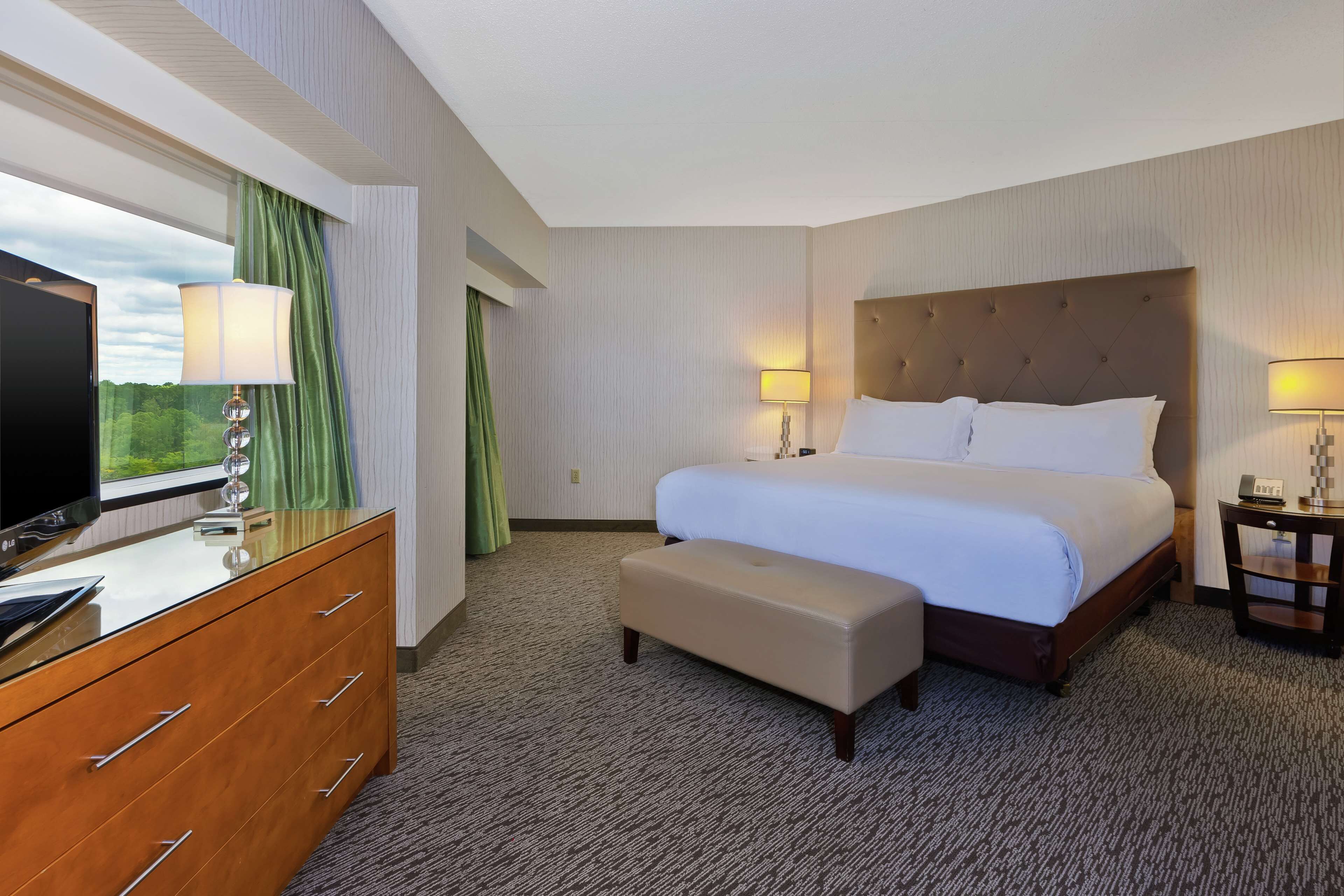A hotel room with a large bed, a TV, a dresser, and a view of the outdoors.