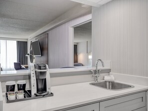 Premium bedding, desk, blackout drapes, iron/ironing board
