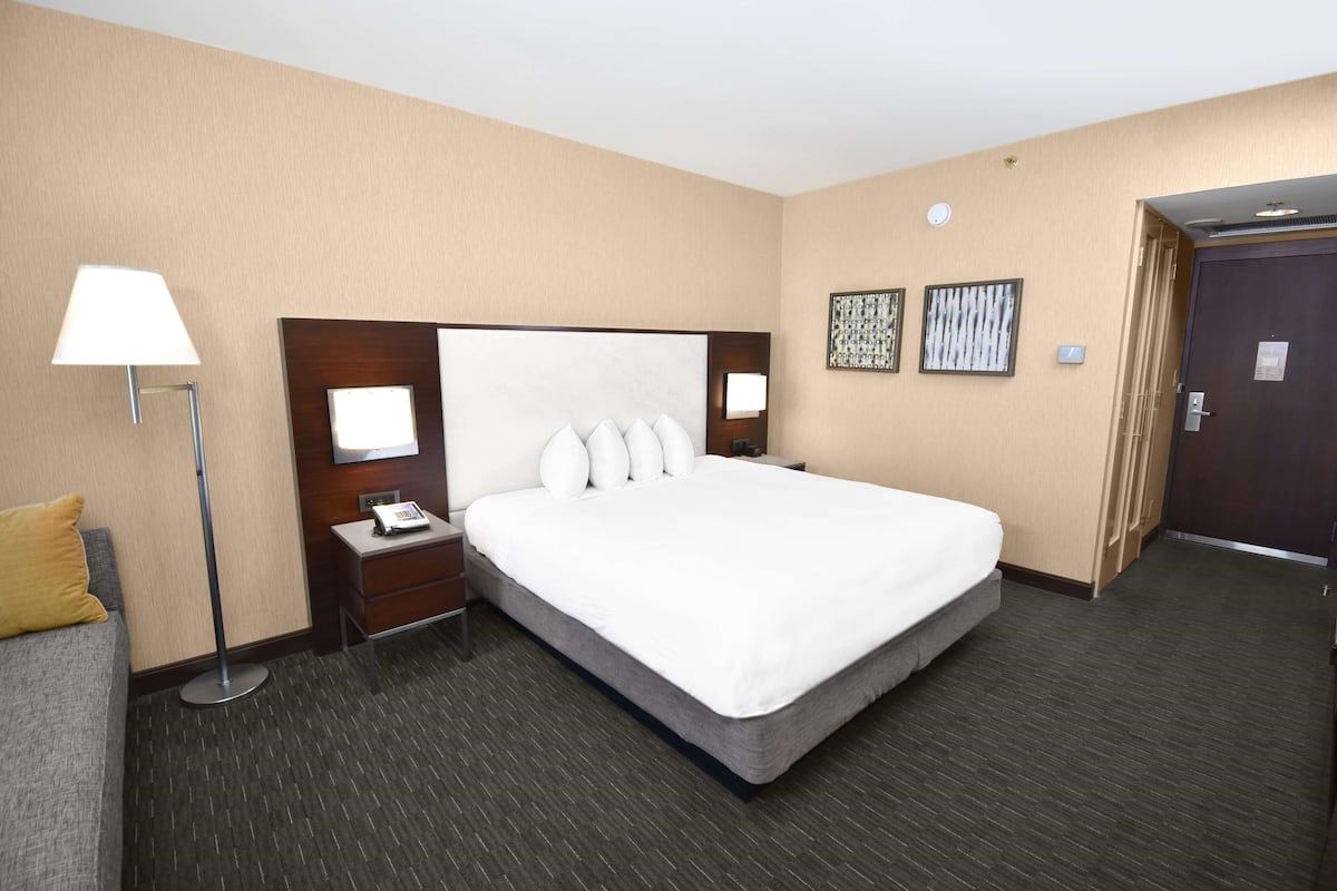 Habitación de hotel con una cama grande, una mesita de noche con lámpara, un velador y un televisor montado en la pared.
