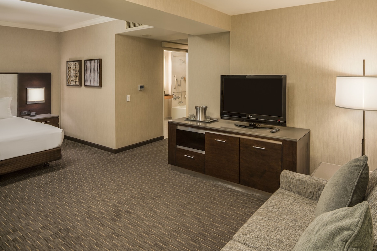 A hotel room with a bed, a TV, a desk, and a couch.