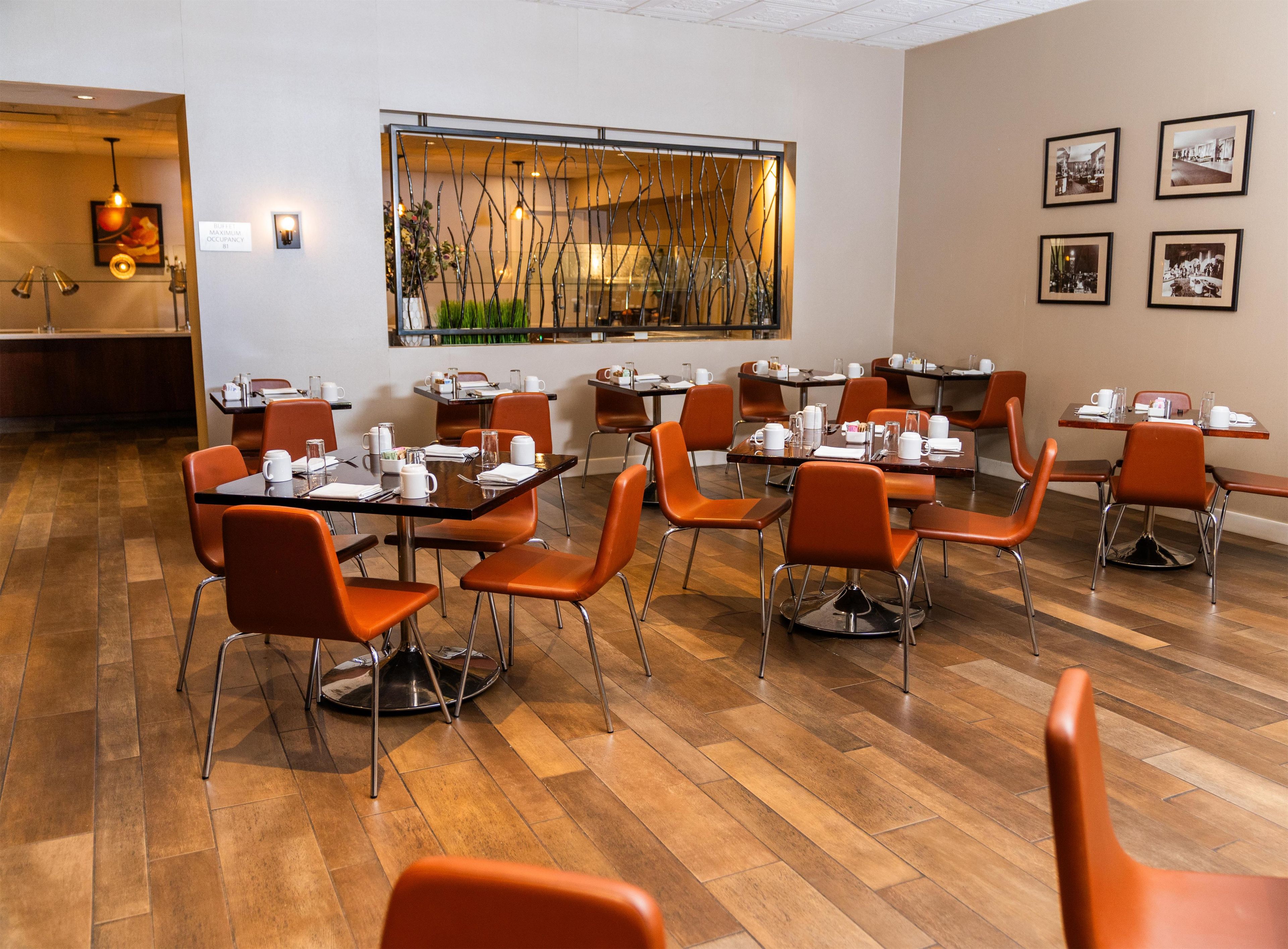 A hotel dining area with multiple tables and chairs, a decorative wall with branches, and framed pictures on the wall.