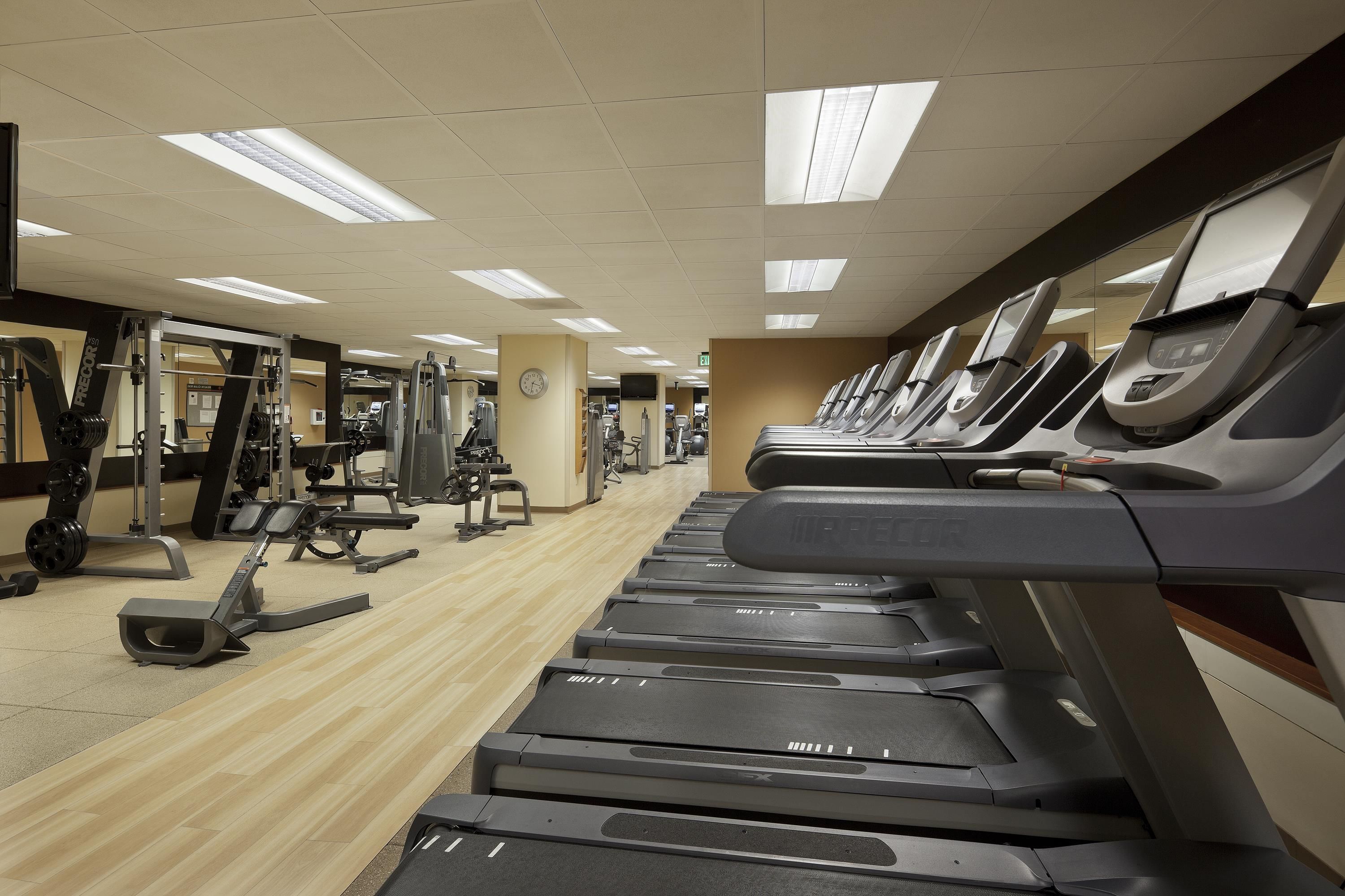 Ett gym med löpband, styrketräningsmaskiner och annan träningsutrustning.