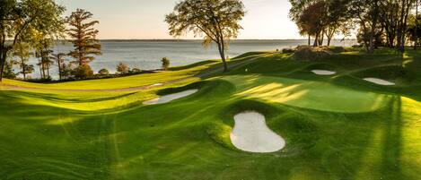 A golf course with a water body in the background.