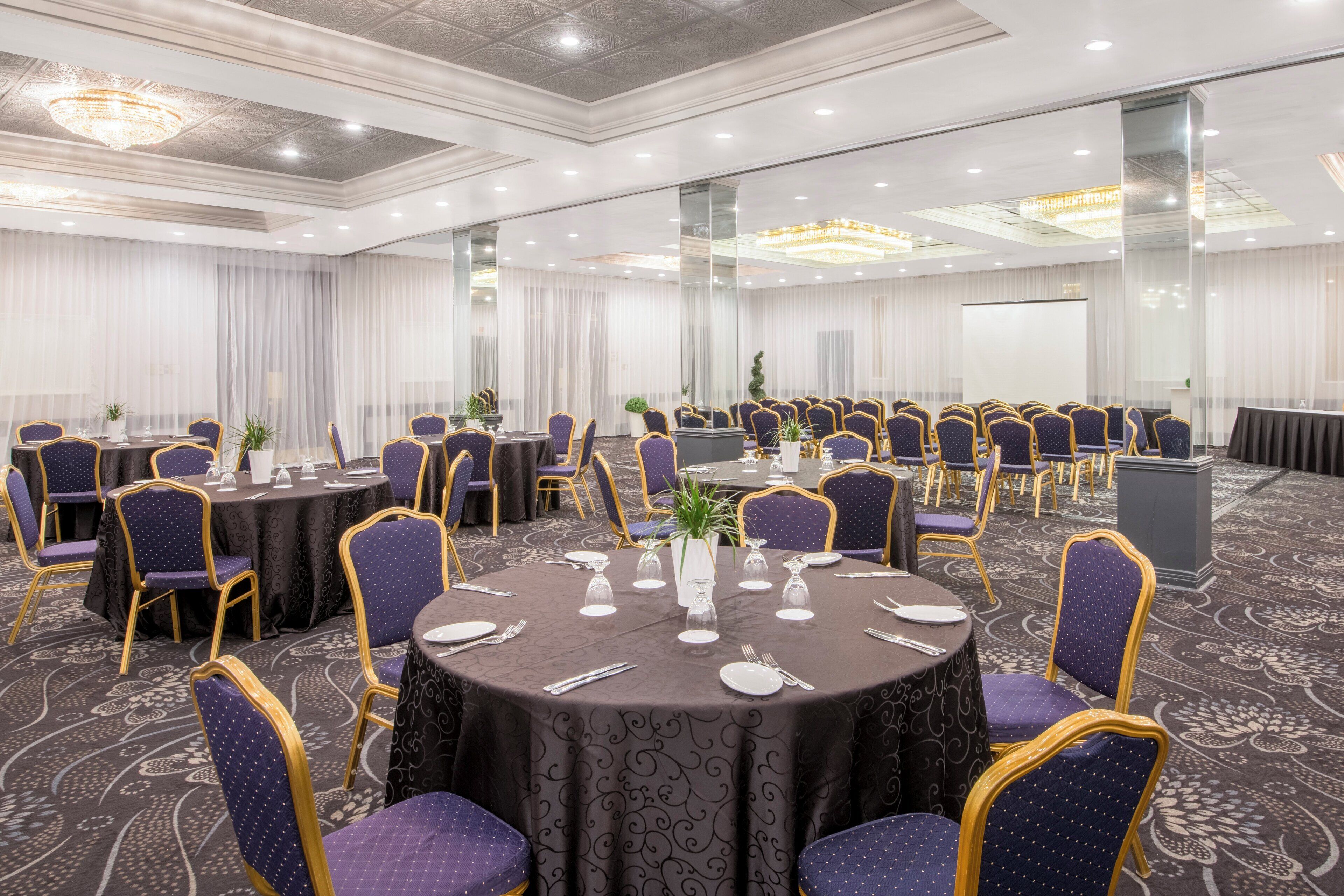 A conference room with round tables, purple chairs, and a carpeted floor.