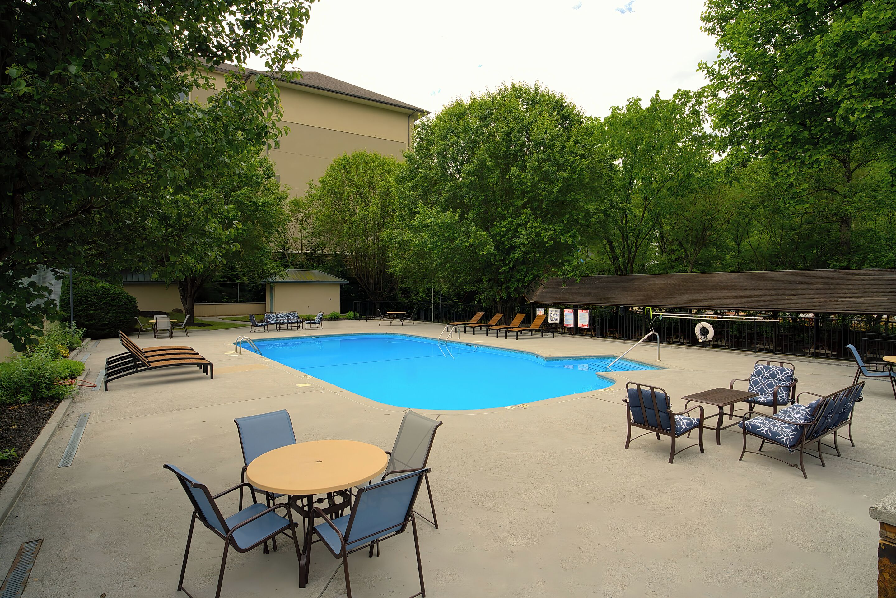 Zona de piscina al aire libre con sillones de descanso y una mesa.