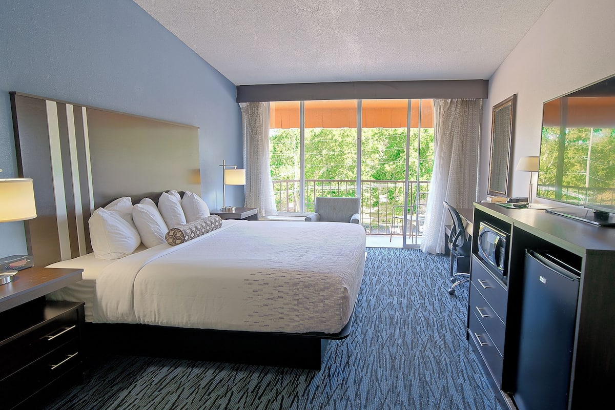 A hotel room with a large bed, a desk with a computer, a TV, and a balcony with a view of greenery.