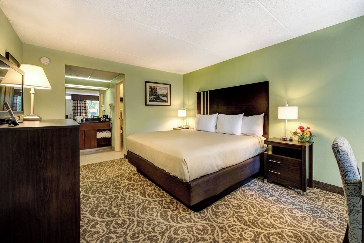 A hotel room with a large bed, a desk, a chair, and a nightstand with a lamp.