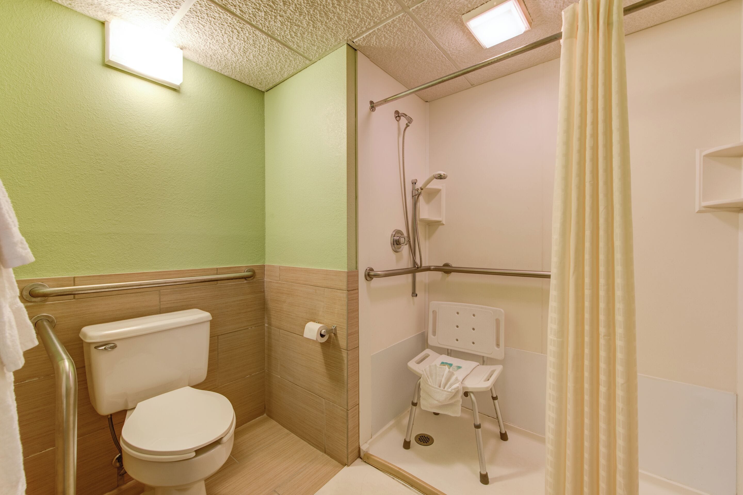 A bathroom with a toilet, a shower with a grab bar, and a wheelchair-accessible bench.