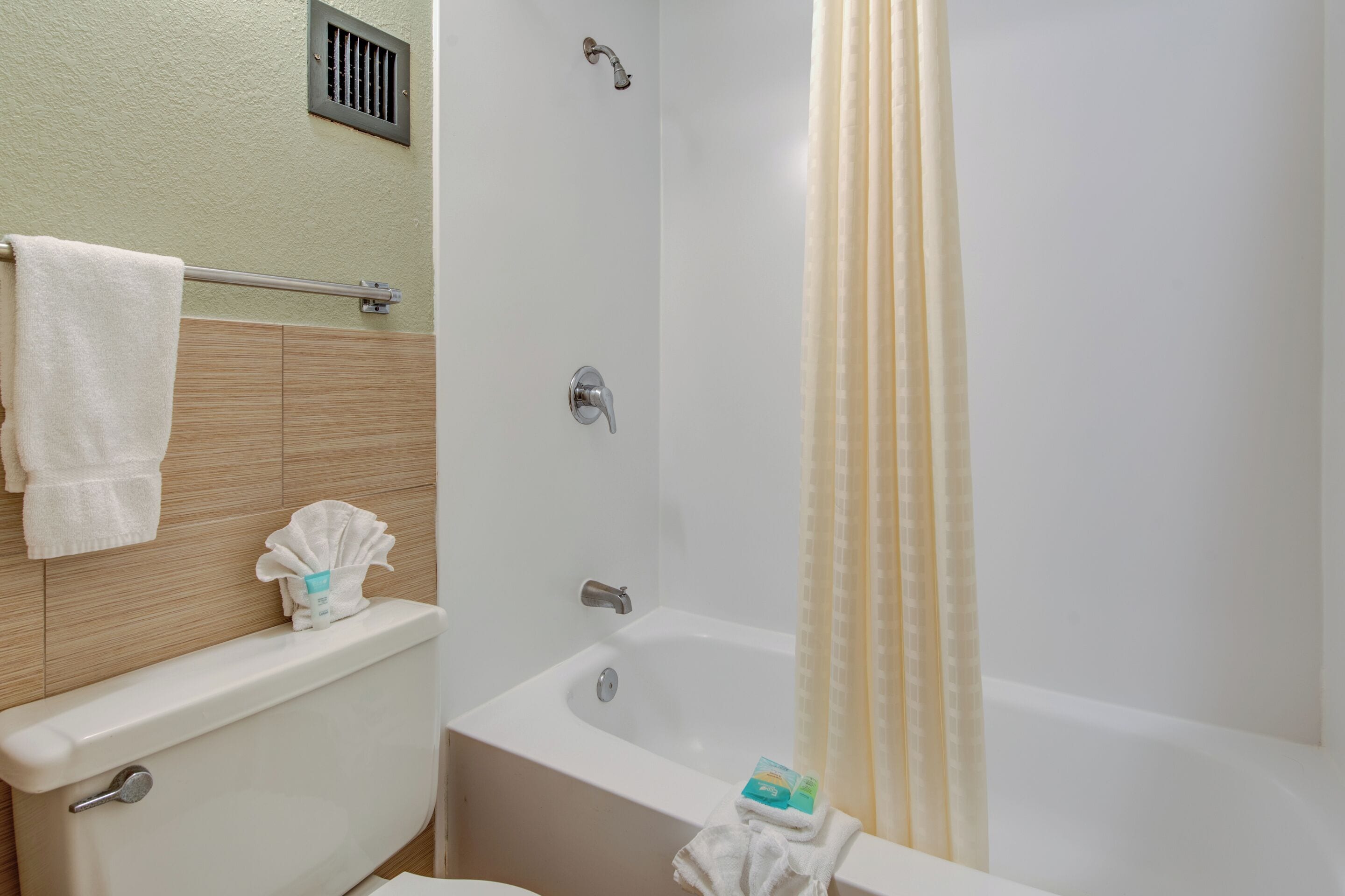 Ein Badezimmer mit Toilette, Badewanne, Dusche und Handtuchhalter.