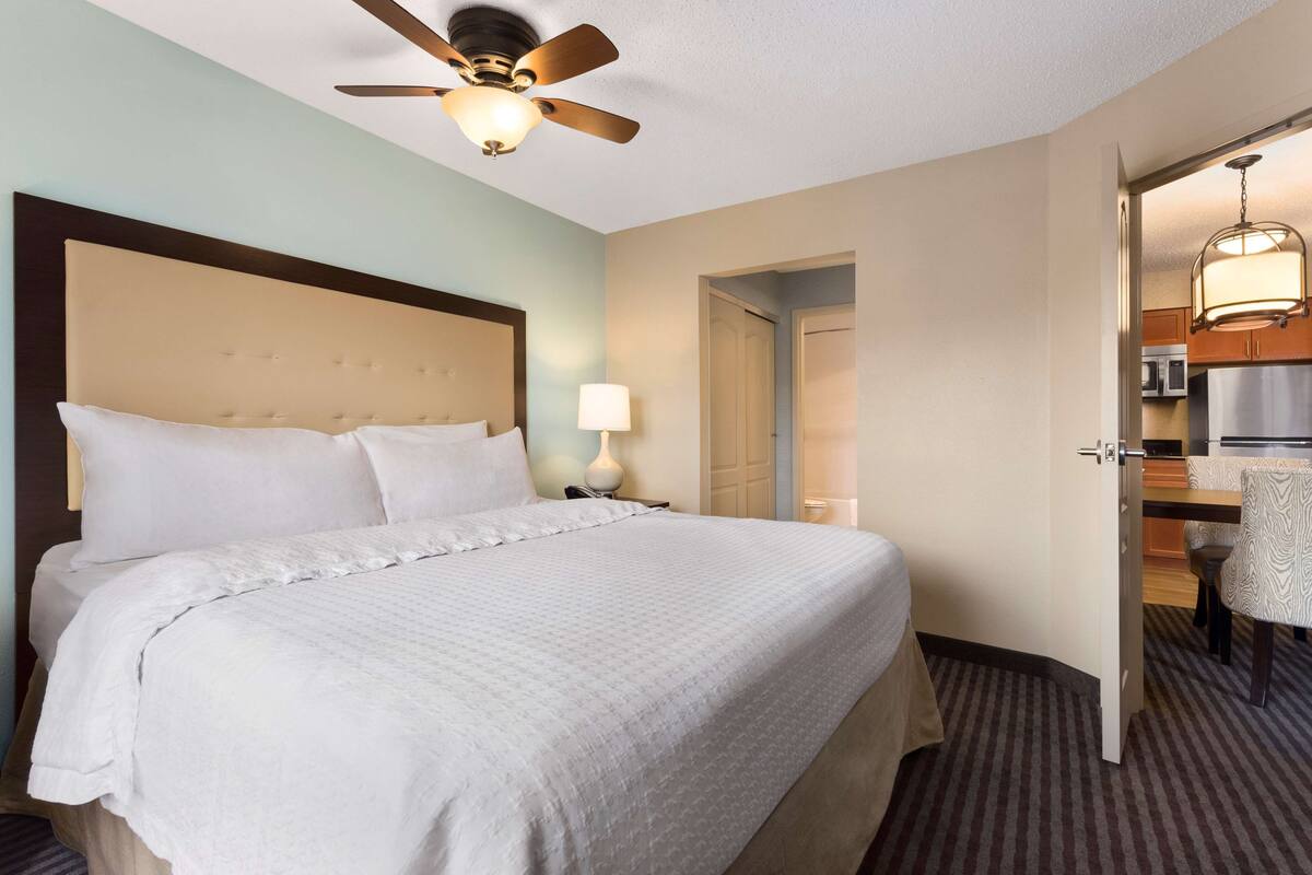 A hotel room with a large bed, a ceiling fan, a nightstand with a lamp, and a view into the kitchen area.