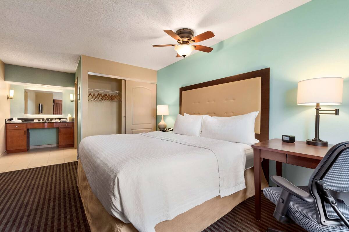 A hotel room with a bed, a desk, a chair, a ceiling fan, a lamp, and a mirror.