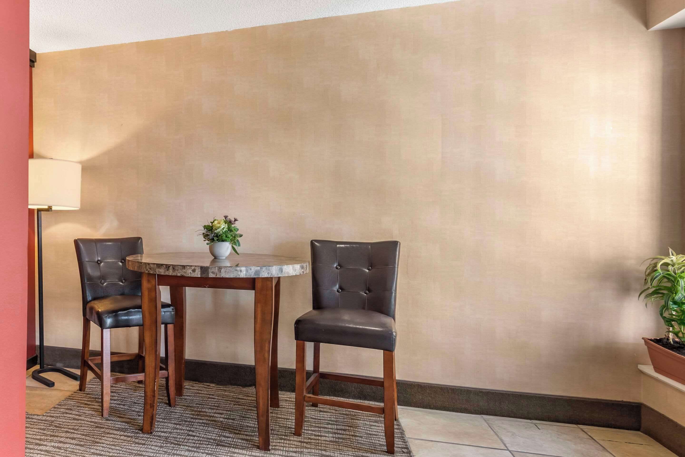 Een hoekappartement met een ronde tafel en twee stoelen, een potplant op tafel en een potplant tegen de muur.
