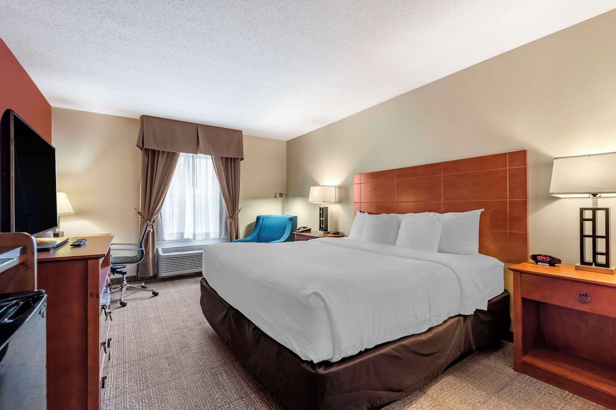 A hotel room with a large bed, a desk with a TV, a chair, a bedside table with a lamp, and a window with curtains.