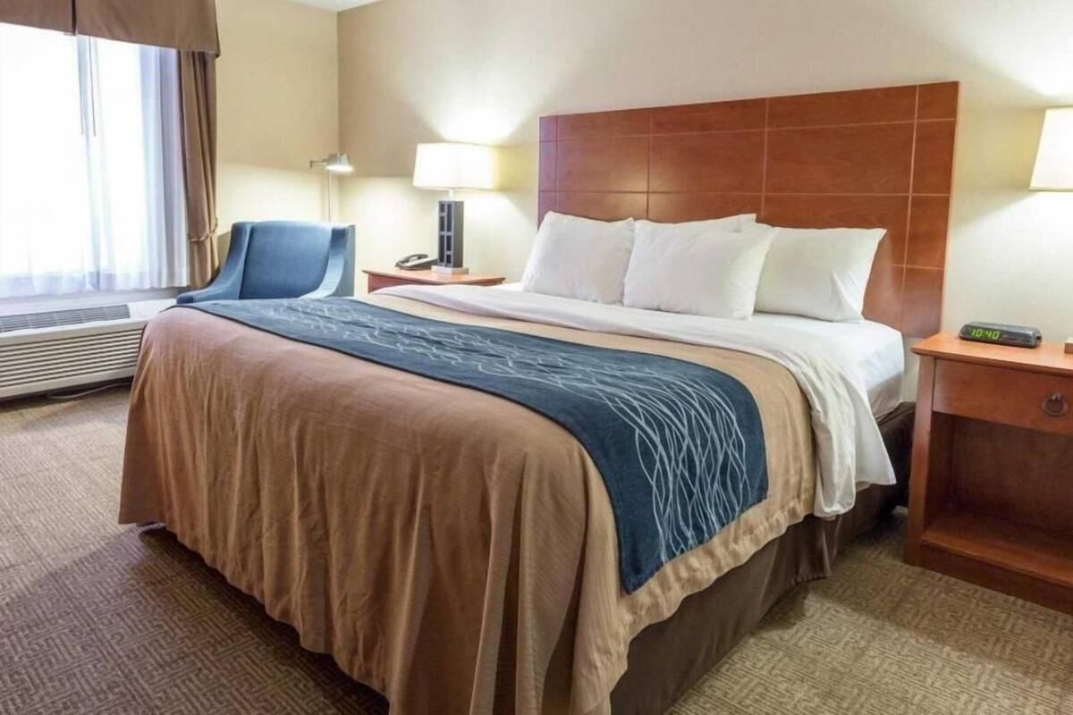 A hotel room with a bed, bedside table, lamp, chair, and window.