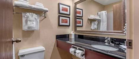 Een badkamer met toilet, wastafel en handdoekhouder.
