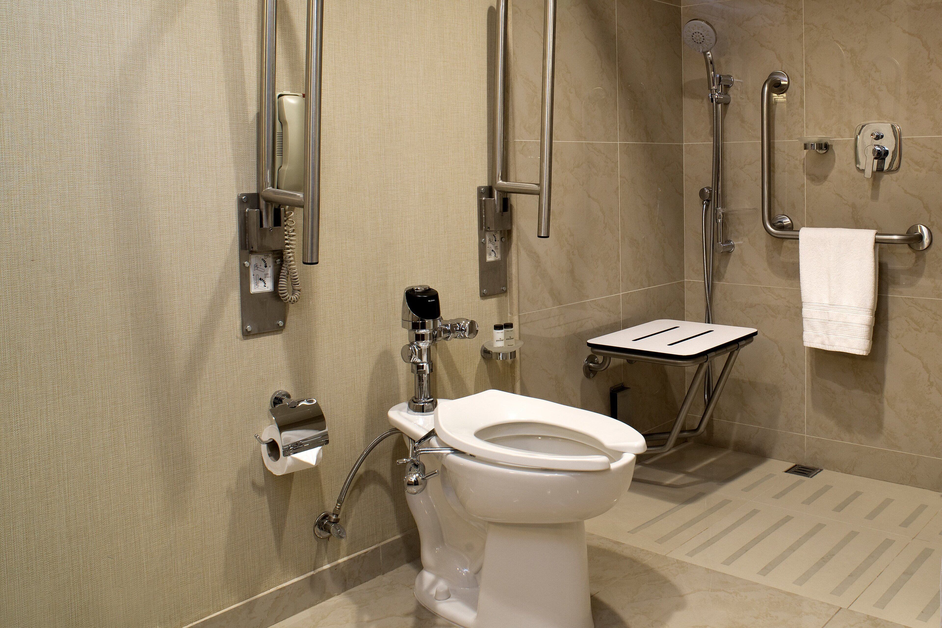 Un baño moderno con inodoro, barras de apoyo, ducha con cabezal de ducha manual y toallero.