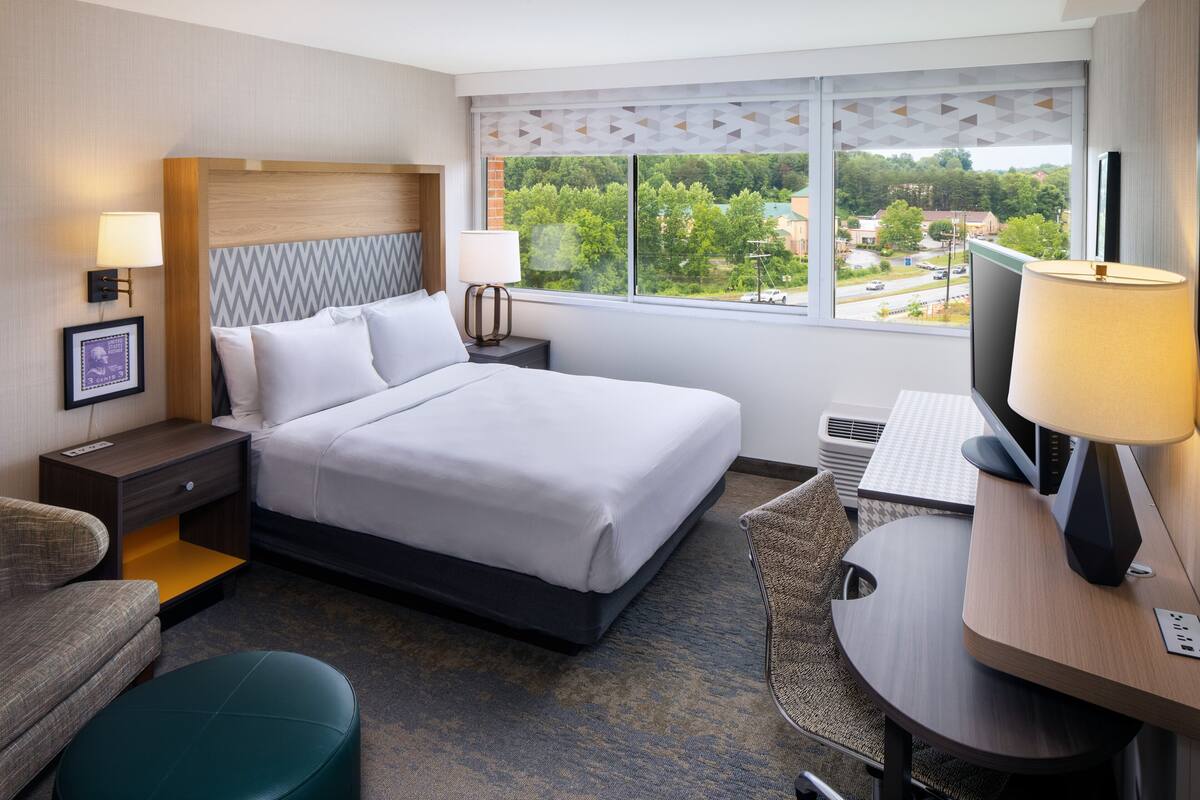 A hotel room with a bed, a desk, a chair, a TV, and a window with a view of the city.