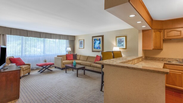 A hotel room with a living area, kitchenette, and a large window with curtains. - Holiday Inn Charlottesville-Monticello by IHG (Charlottesville)
