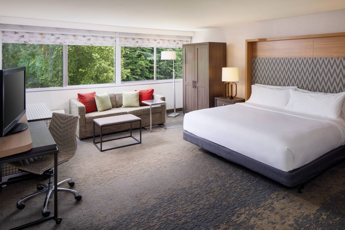 A hotel room with a bed, a desk with a computer, a sofa, a TV, and a view of greenery outside.
