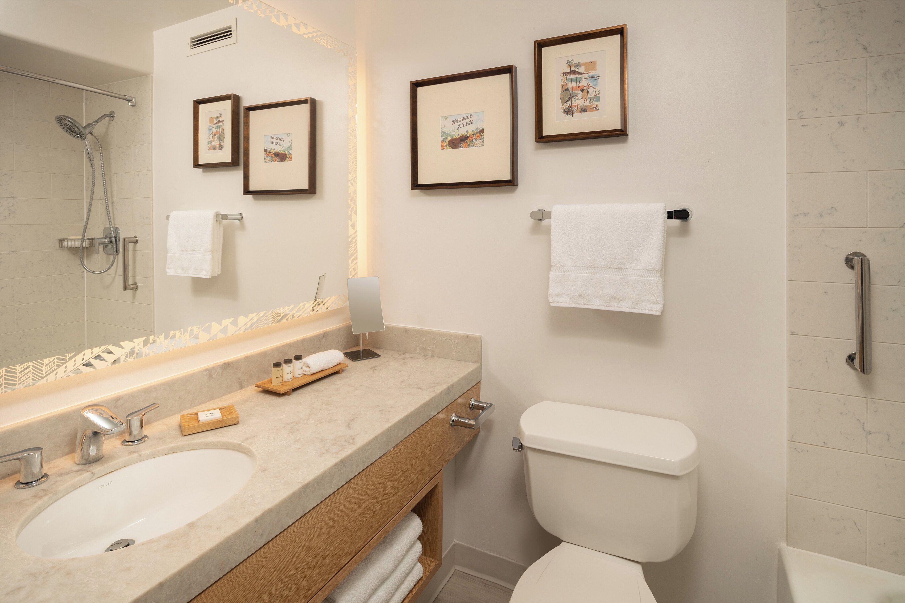 A bathroom with a sink, mirror, framed pictures, and a toilet.
