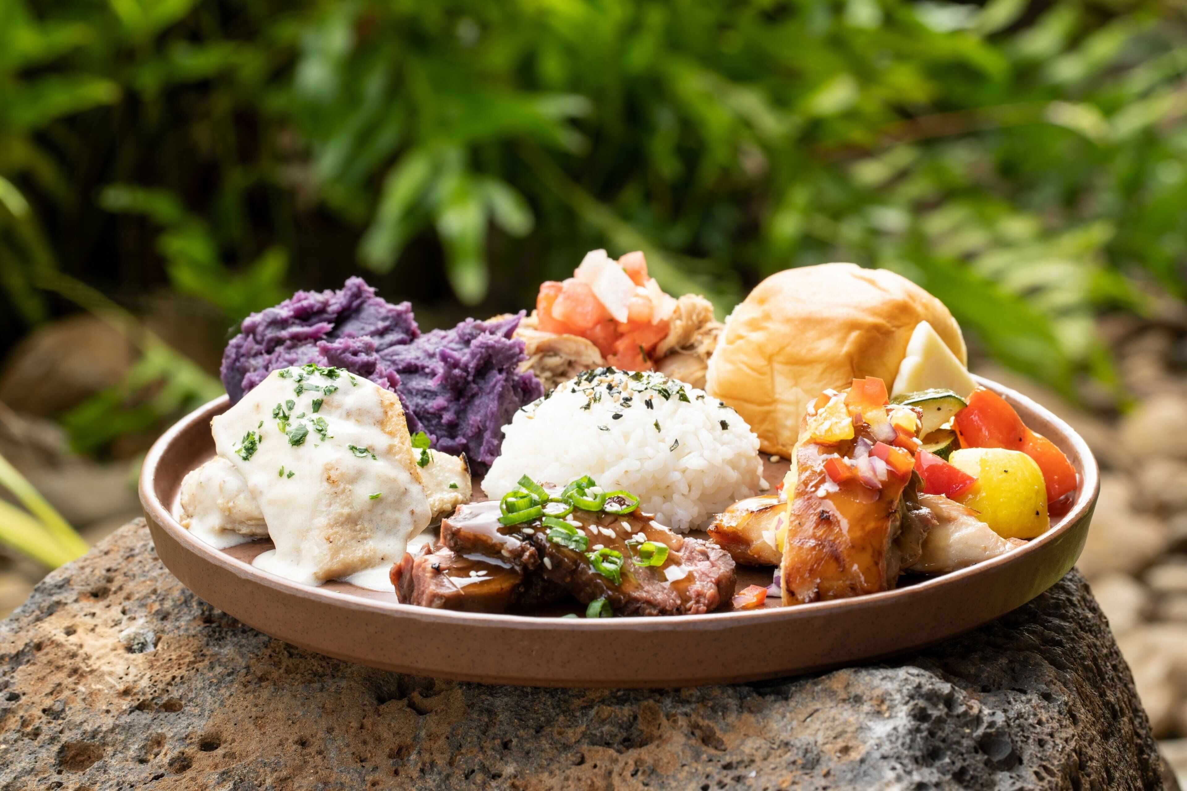 Un plato de comida con arroz, carne y verduras.