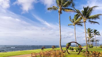 On the beach, sun-loungers, beach umbrellas, beach yoga