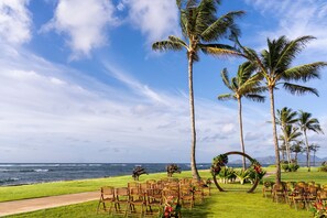 On the beach, sun loungers, beach umbrellas, beach yoga