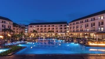 Outdoor pool, pool umbrellas, pool loungers