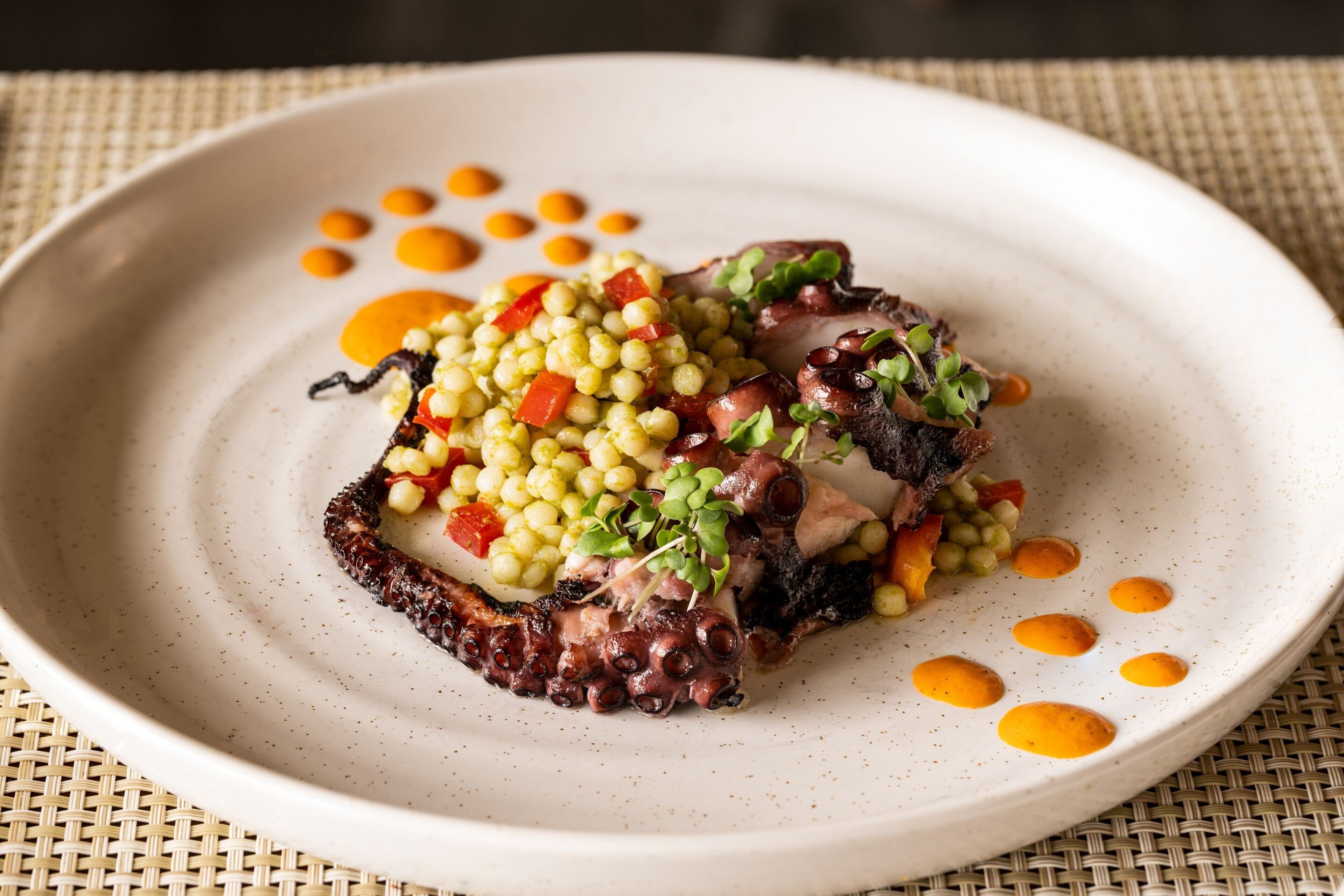 A white plate with octopus, couscous, and vegetables.