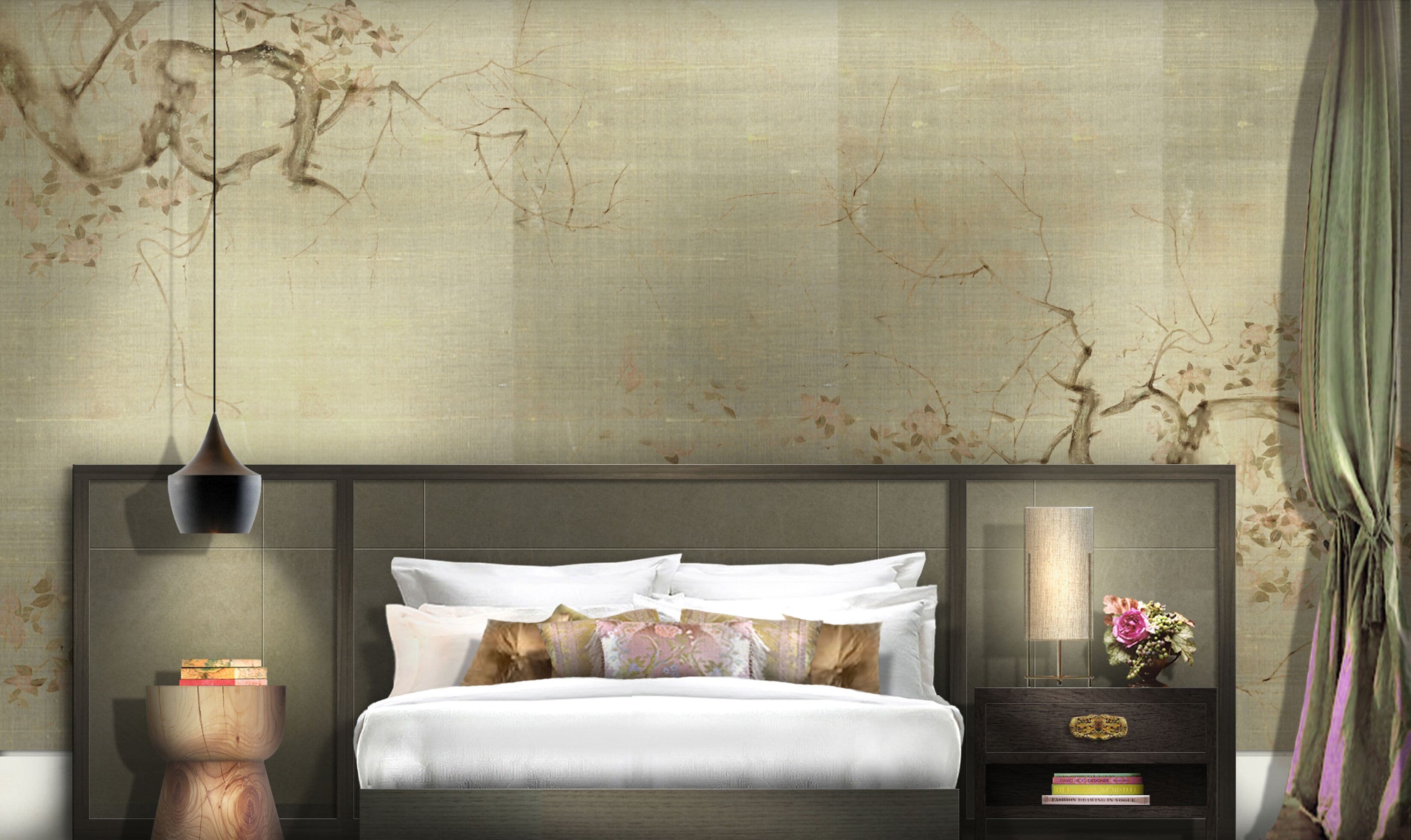 A bedroom with a bed, bedside tables, a hanging light, and a wall with a tree design.