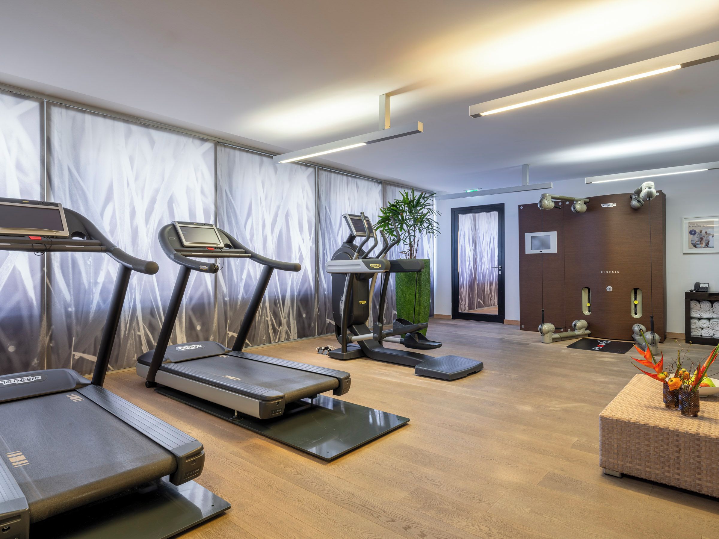 A gym with treadmills, a stationary bike, and a weight bench.