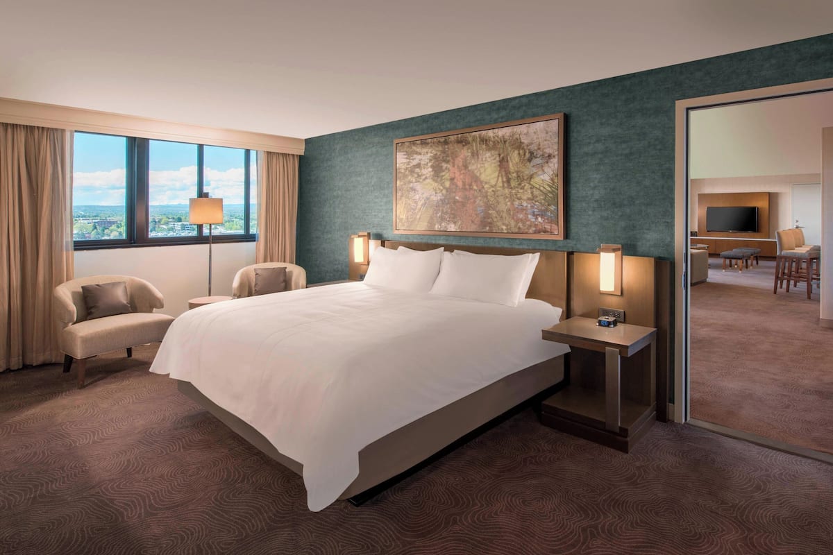 A hotel room with a large bed, a desk, a chair, a TV, and a view of the city.