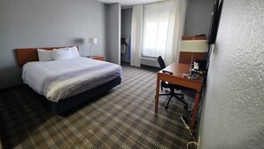 A hotel room with a bed, a desk, a chair, a lamp, a TV, and a window with curtains. - AmericInn by Wyndham Minot (Minot)