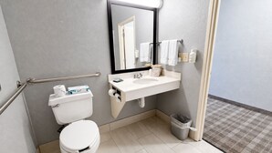 A modern bathroom with a toilet, sink, and mirror. - AmericInn by Wyndham Minot (Minot)